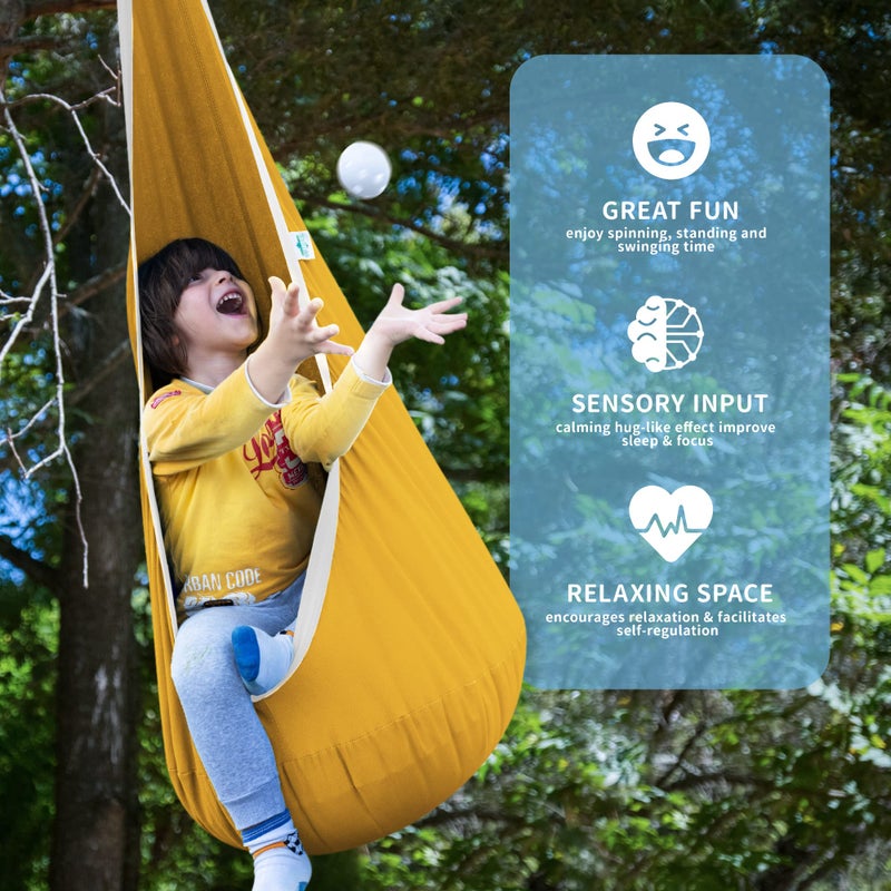 OUTREE كرسي تأرجح الأطفال OUTREE، أرجوحة قطنية للأطفال، أرجوحة حسية للاستخدام الداخلي والخارجي، أصفر وأبيض - Image 4